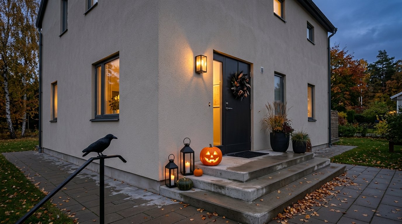 Gotisk Halloween-entré vid en svensk trävilla med mörk dörrkrans, tända lyktor och pumpor på trappan