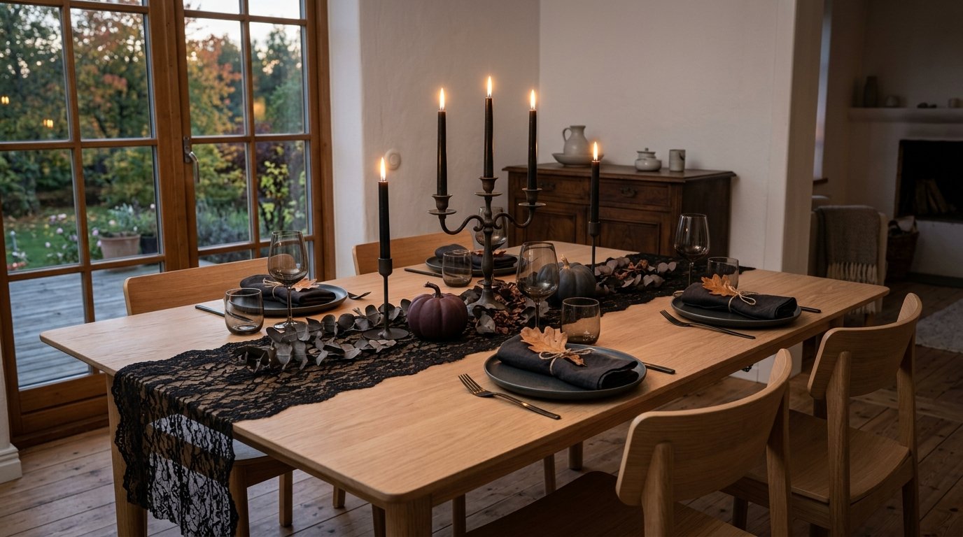 Gotisk Halloween-dukning på ett matbord i trä med svart spetslöpare, kandelaber med mörka kronljus och torkade höstväxter i ett svenskt hem