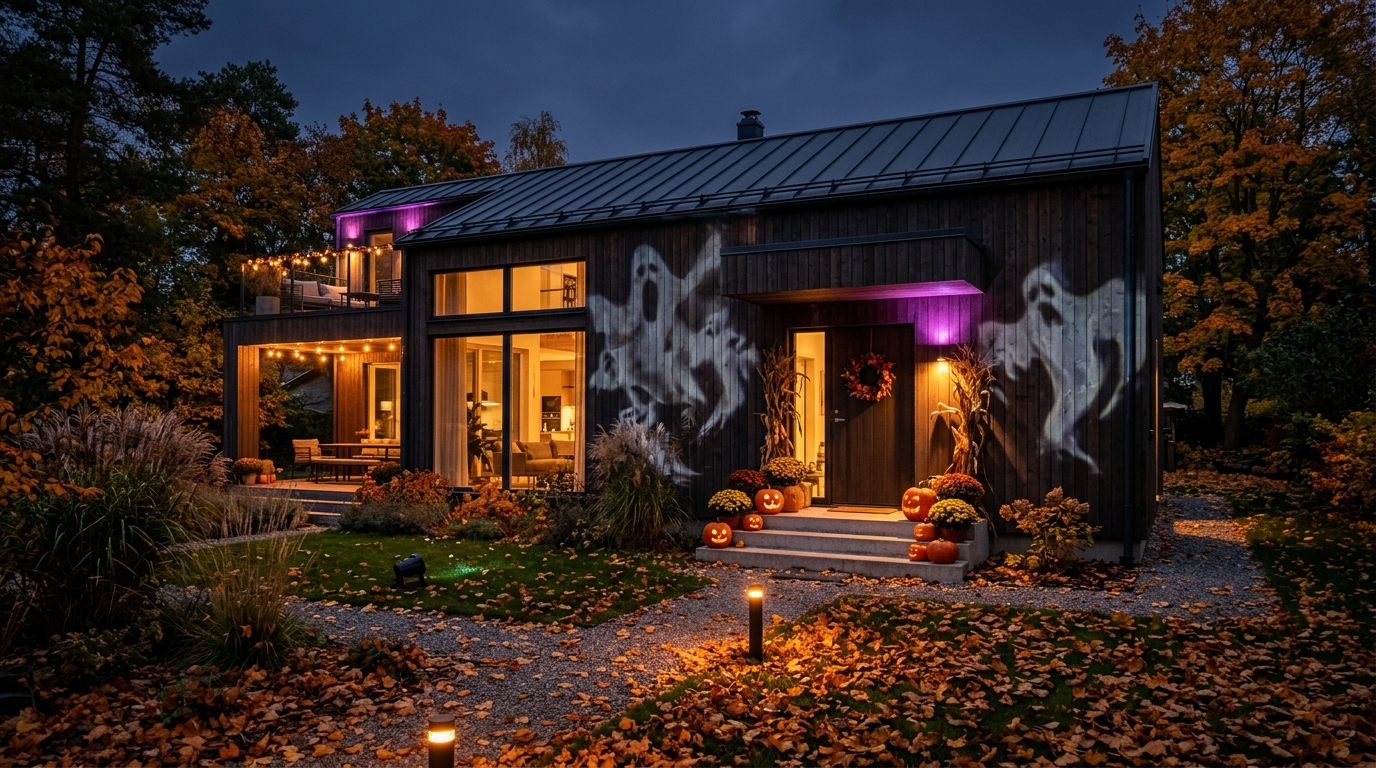 Halloween-fasadbelysning med projektor på en skandinavisk villa under höstkvällen