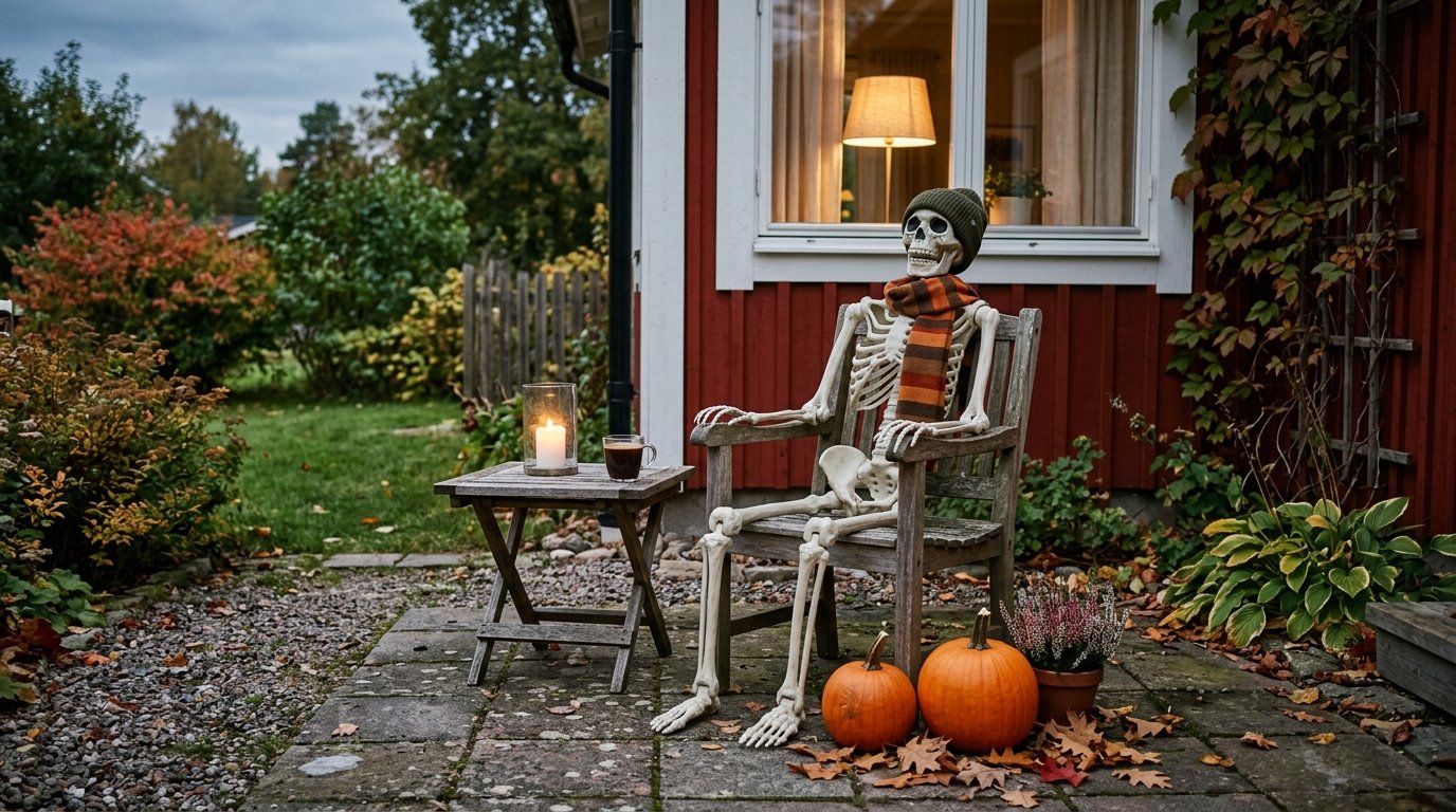 Halloween-skelett som sitter avslappnat i en trädgårdsstol med kaffekopp och lykta i en svensk trädgård