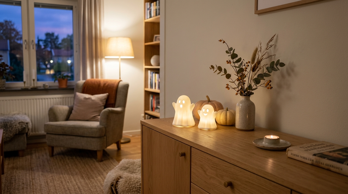 Keramiska Halloween-spöken med varm LED-belysning på en träskänk i ett svenskt vardagsrum