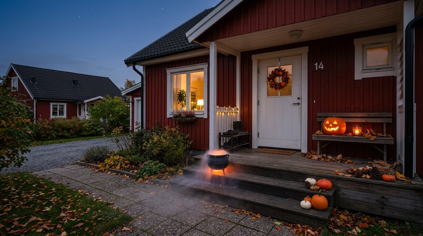Stämningsfull Halloween-entré vid ett svenskt hus med låg markrök från en häxkittel och varmt ljus